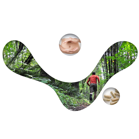 Trois zones d'images illustrant : une personne courant en forêt, des gélules, et une femme formant un cercle avec ses mains devant son ventre.