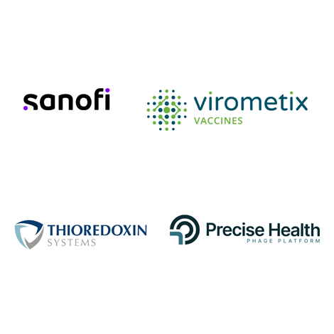 Logos des entreprises Sanofi, Virometix, Thioredoxin et Precise Health